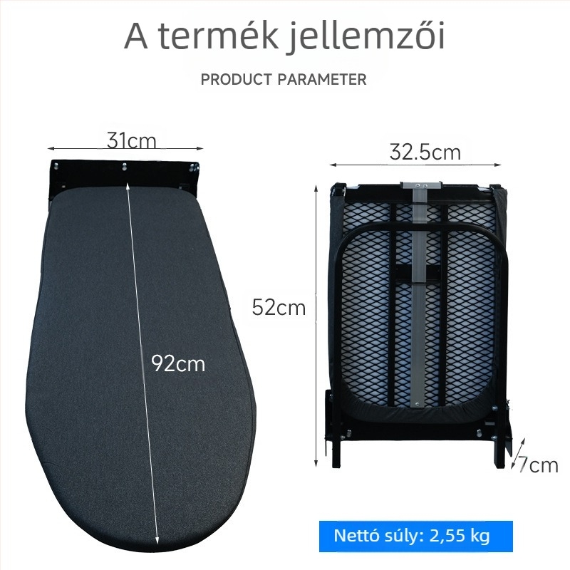 Ablakra szerelhető, összecsukható vasalódeszka vasalóállvánnyal és akasztóval – pamut borítás, tűs pamut párna, szénacél váz, műanyag lábak; 4 darab dobozban