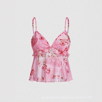 Vállpántos top, laza szabás, virágmintás, poliészter-elasztán 95%+, rövid hossz 40-50 cm, tavasz 2025 kiadás