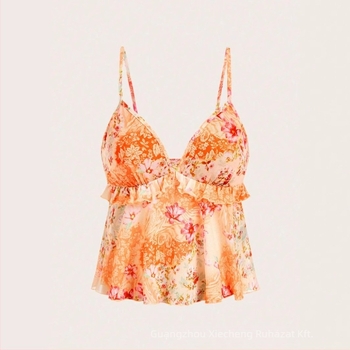 Vállpántos top, laza szabás, virágmintás, poliészter-elasztán 95%+, rövid hossz 40-50 cm, tavasz 2025 kiadás