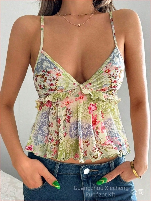 Vállpántos top, laza szabás, virágmintás, poliészter-elasztán 95%+, rövid hossz 40-50 cm, tavasz 2025 kiadás