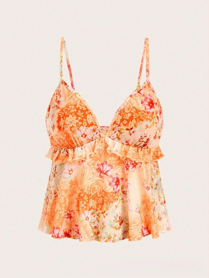 Vállpántos top, laza szabás, virágmintás, poliészter-elasztán 95%+, rövid hossz 40-50 cm, tavasz 2025 kiadás