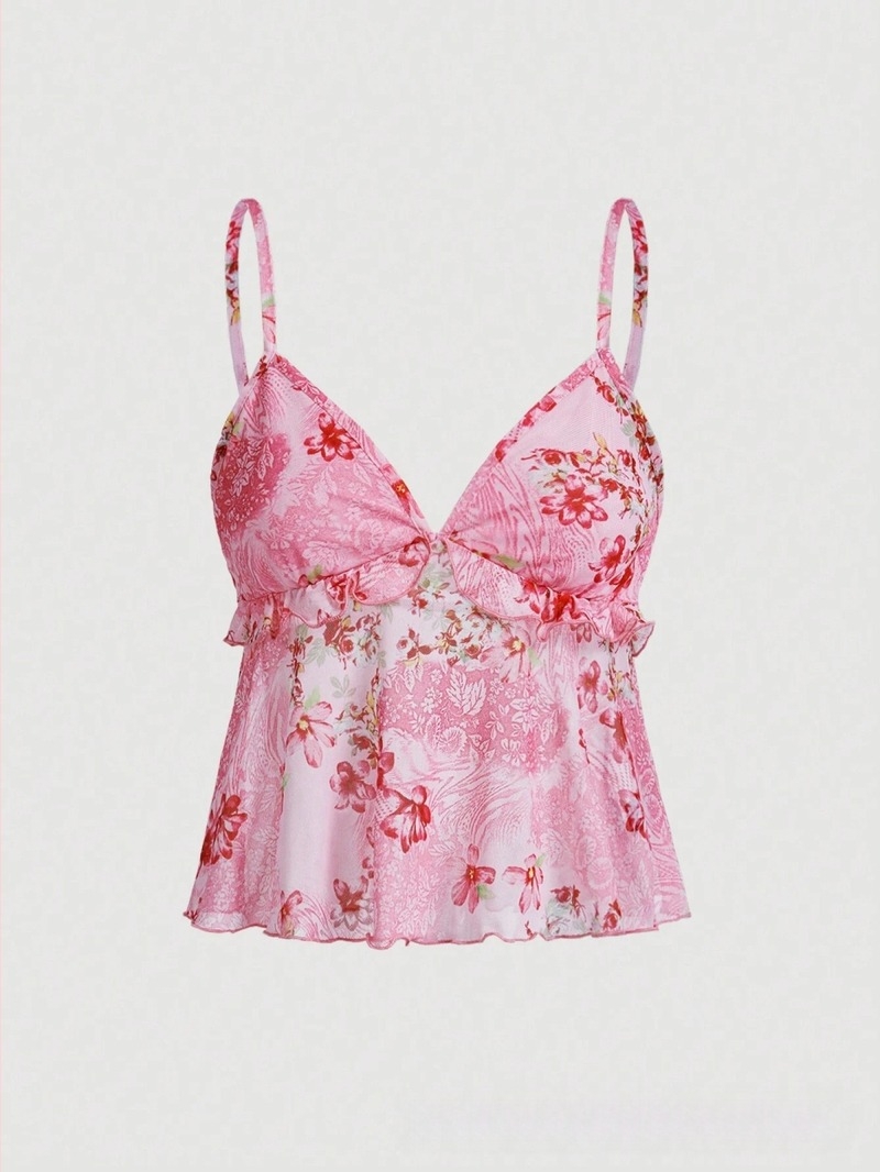 Vállpántos top, laza szabás, virágmintás, poliészter-elasztán 95%+, rövid hossz 40-50 cm, tavasz 2025 kiadás