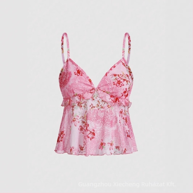 Vállpántos top, laza szabás, virágmintás, poliészter-elasztán 95%+, rövid hossz 40-50 cm, tavasz 2025 kiadás