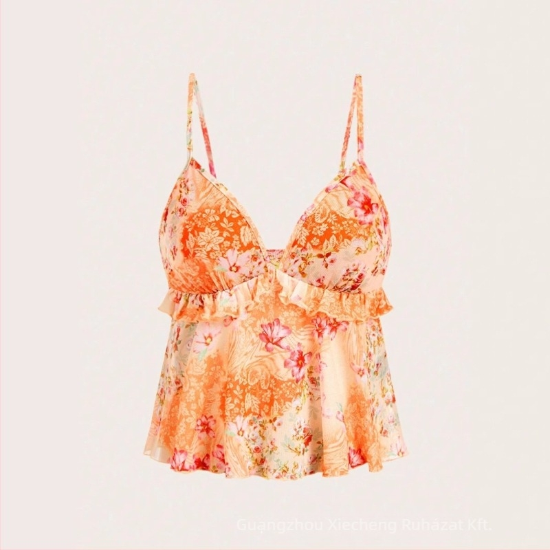 Vállpántos top, laza szabás, virágmintás, poliészter-elasztán 95%+, rövid hossz 40-50 cm, tavasz 2025 kiadás