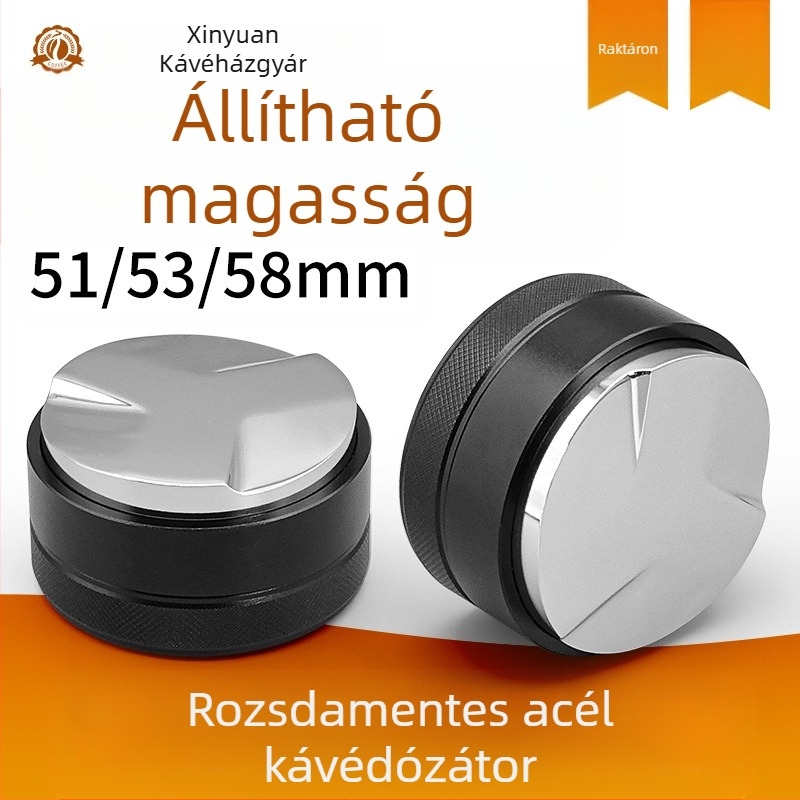 Rozsdamentes acél kávépor adagoló, állítható magasság, csúszásmentes alap, sík alj, lézergravírozott logó (súly: 182 g / 195 g / 218 g)
