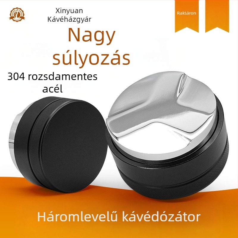 Rozsdamentes acél kávépor adagoló, állítható magasság, csúszásmentes alap, sík alj, lézergravírozott logó (súly: 182 g / 195 g / 218 g)