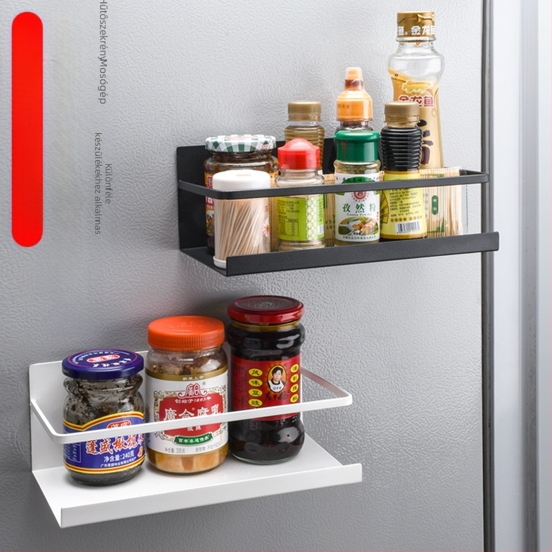 Mágneses hűtőoldali tároló – 1-szintű fűszeres rendező, oldalsó mágneses rögzítés, furatmentes, anyaga: szénacél