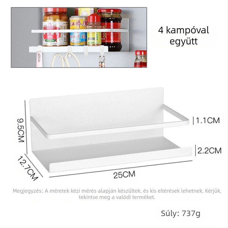 Mágneses hűtőoldali tároló – 1-szintű fűszeres rendező, oldalsó mágneses rögzítés, furatmentes, anyaga: szénacél
