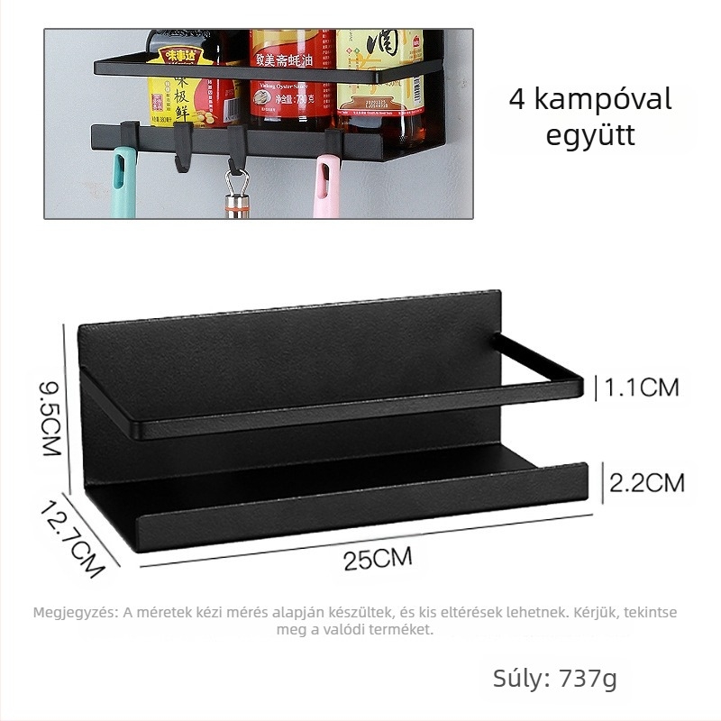 Mágneses hűtőoldali tároló – 1-szintű fűszeres rendező, oldalsó mágneses rögzítés, furatmentes, anyaga: szénacél