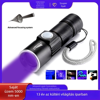 Wood's UV lámpa zseblámpa gombás fertőzések detektálására, alumíniumötvözet test, LED 5W, 450mAh, 50–100 m hatótáv, 360° forgás