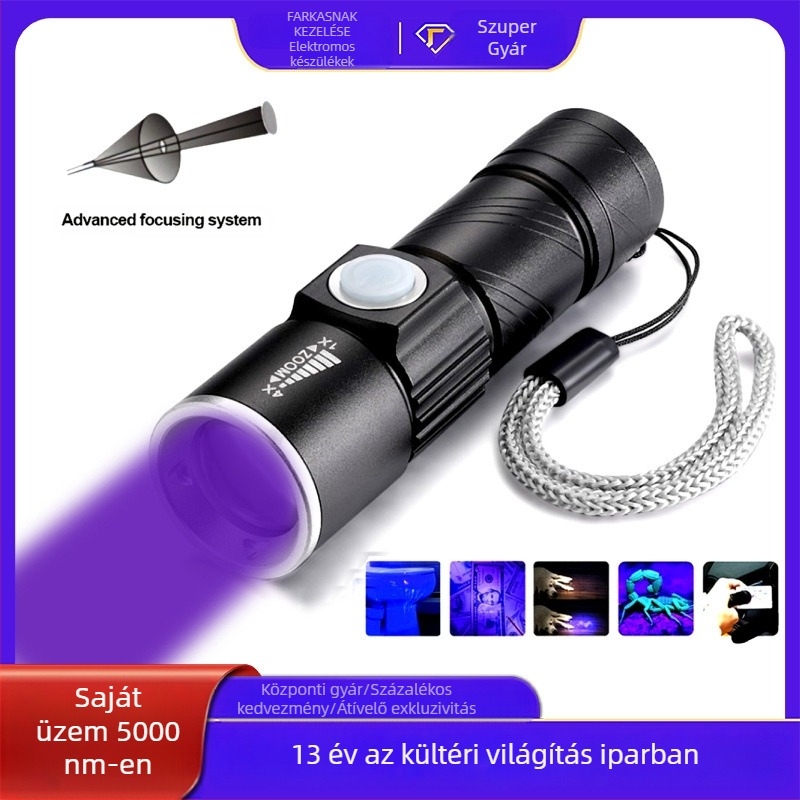 Wood's UV lámpa zseblámpa gombás fertőzések detektálására, alumíniumötvözet test, LED 5W, 450mAh, 50–100 m hatótáv, 360° forgás