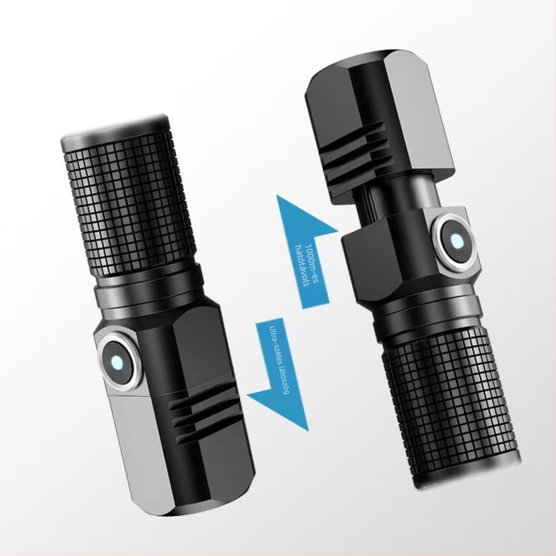 P100 hordozható mini újratölthető LED kültéri zseblámpa Type-C töltéssel, 15W, alumínium ötvözet test, 18350 elem, hatótávolság 200–500 m