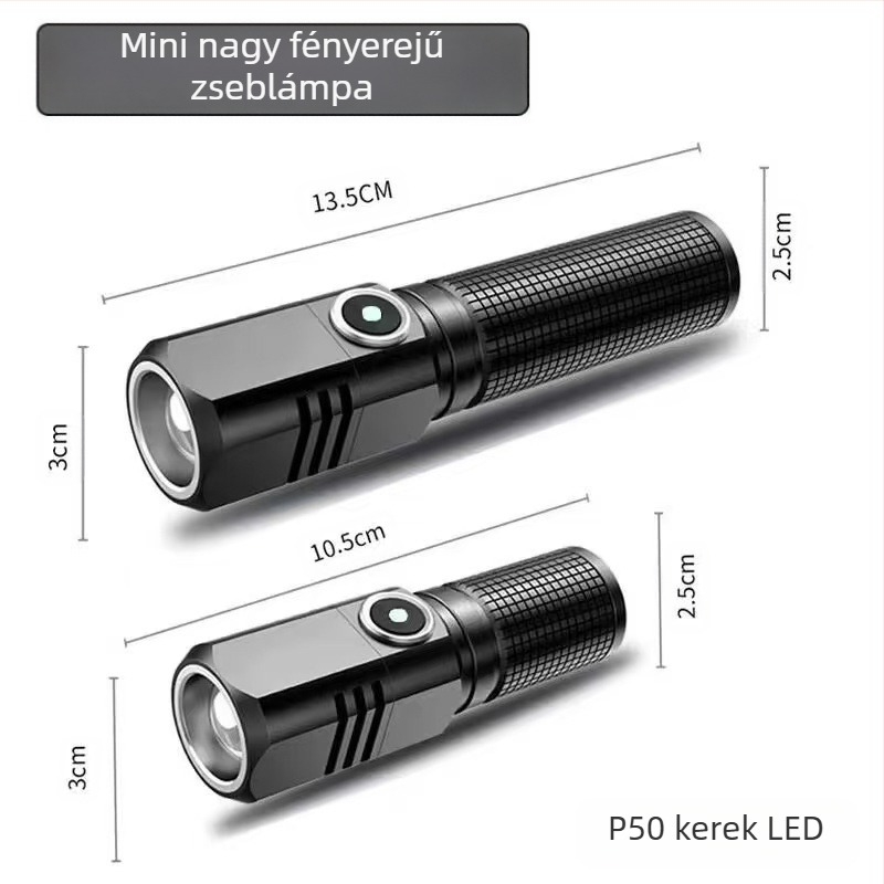 P100 hordozható mini újratölthető LED kültéri zseblámpa Type-C töltéssel, 15W, alumínium ötvözet test, 18350 elem, hatótávolság 200–500 m