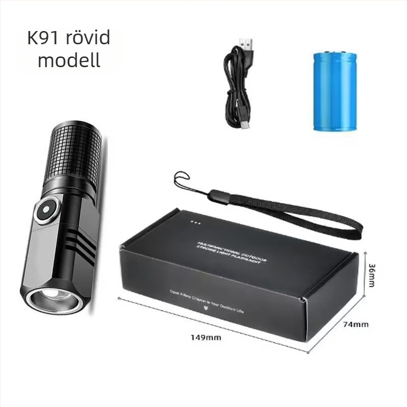 P100 hordozható mini újratölthető LED kültéri zseblámpa Type-C töltéssel, 15W, alumínium ötvözet test, 18350 elem, hatótávolság 200–500 m
