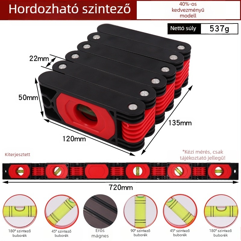 Hordozható mágneses összecsukható vízmérték a falak pontos jelöléséhez