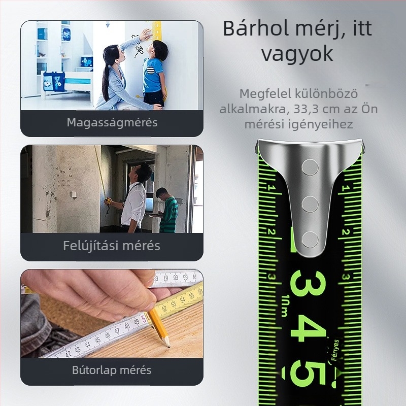 Acél mérőszalag automatikus zárással, kopásálló, leesés elleni, fluoreszkáló
