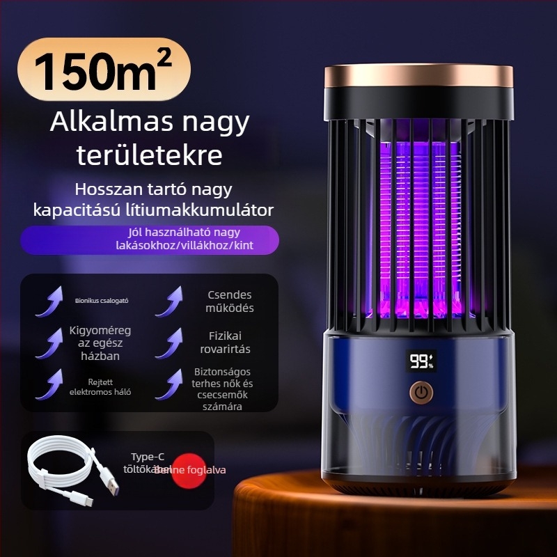 Elektromos sokkolós szúnyogirtó lámpa – LED csapda, USB újratölthető, beépített 1001–1600 mAh akkumulátor, modell SJD-01, beltéri/kültéri használatra 30 m²-ig