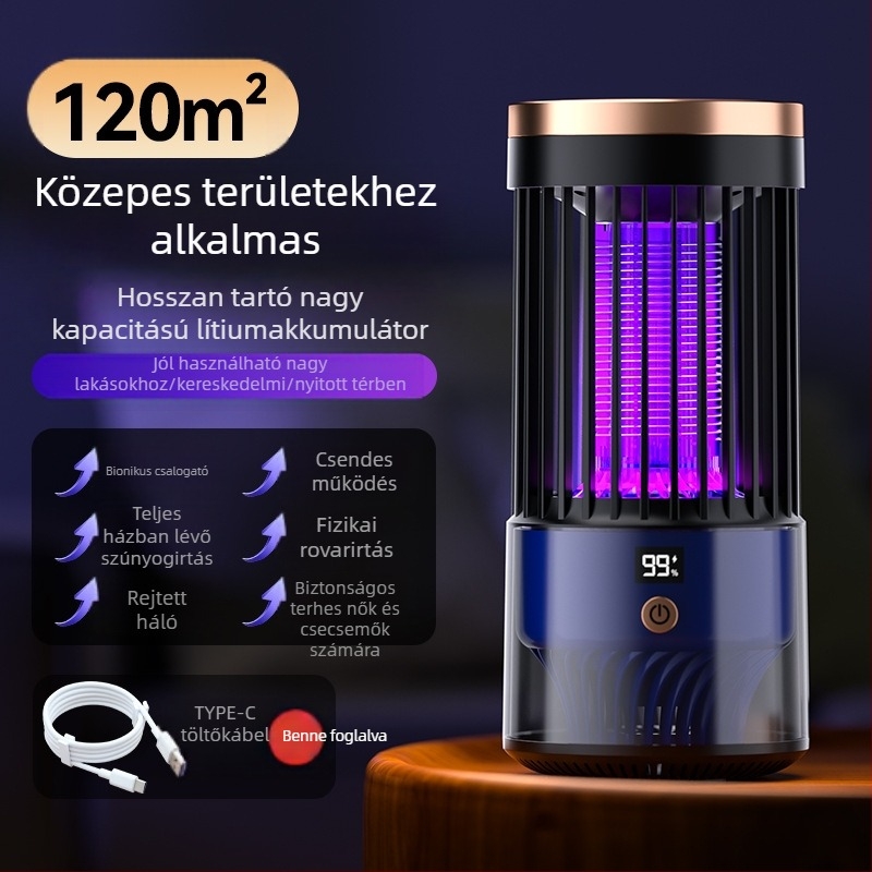 Elektromos sokkolós szúnyogirtó lámpa – LED csapda, USB újratölthető, beépített 1001–1600 mAh akkumulátor, modell SJD-01, beltéri/kültéri használatra 30 m²-ig