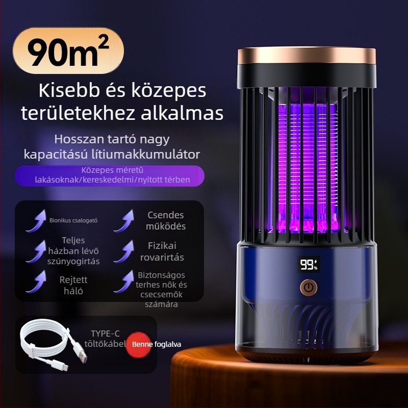 Elektromos sokkolós szúnyogirtó lámpa – LED csapda, USB újratölthető, beépített 1001–1600 mAh akkumulátor, modell SJD-01, beltéri/kültéri használatra 30 m²-ig