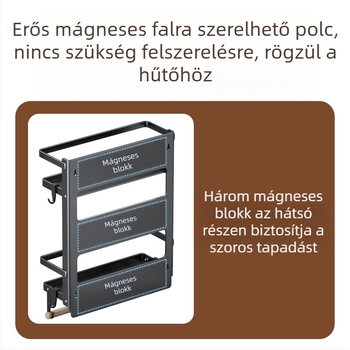 Mágneses oldalsó polc hűtőhöz — falra szerelhető, többfunkciós, szerelés nélkül, szénacélból, papírtörlő tartó, fóliatartó és fűszer tároló