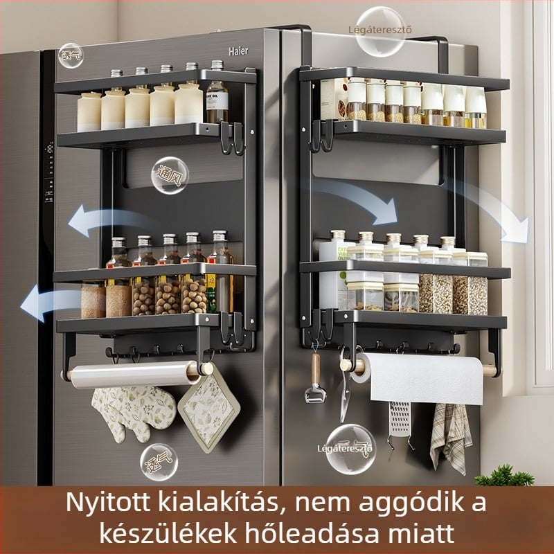 Mágneses oldalsó polc hűtőhöz — falra szerelhető, többfunkciós, szerelés nélkül, szénacélból, papírtörlő tartó, fóliatartó és fűszer tároló