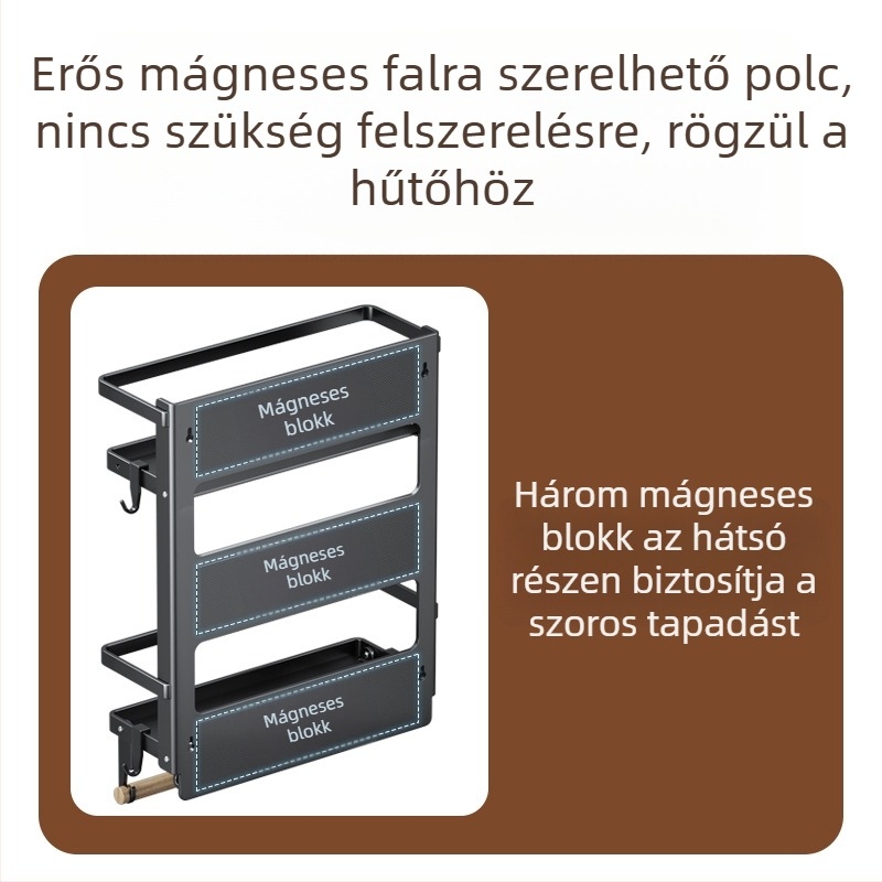 Mágneses oldalsó polc hűtőhöz — falra szerelhető, többfunkciós, szerelés nélkül, szénacélból, papírtörlő tartó, fóliatartó és fűszer tároló