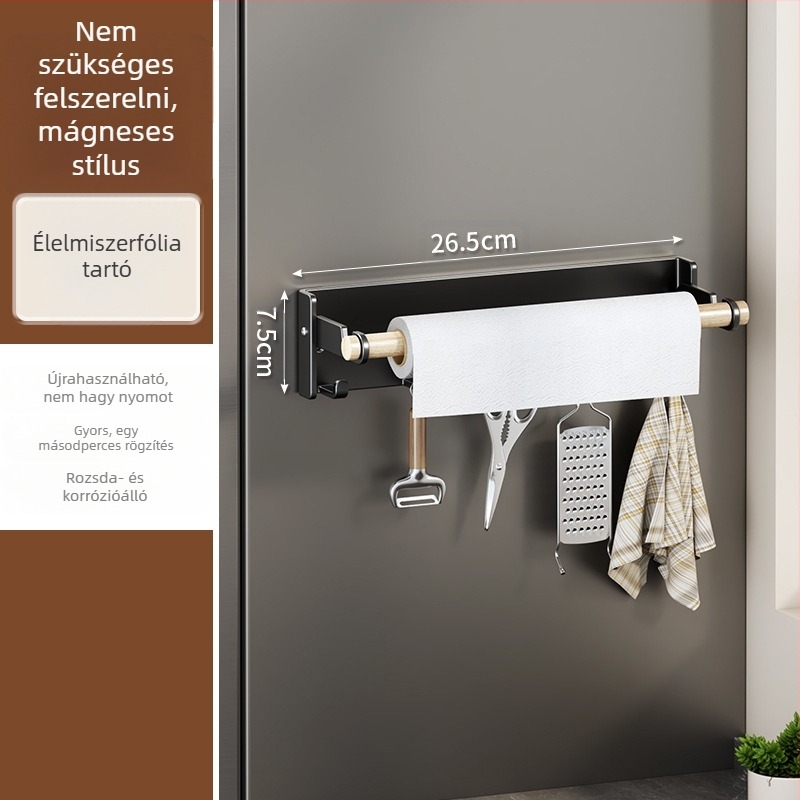 Mágneses oldalsó polc hűtőhöz — falra szerelhető, többfunkciós, szerelés nélkül, szénacélból, papírtörlő tartó, fóliatartó és fűszer tároló