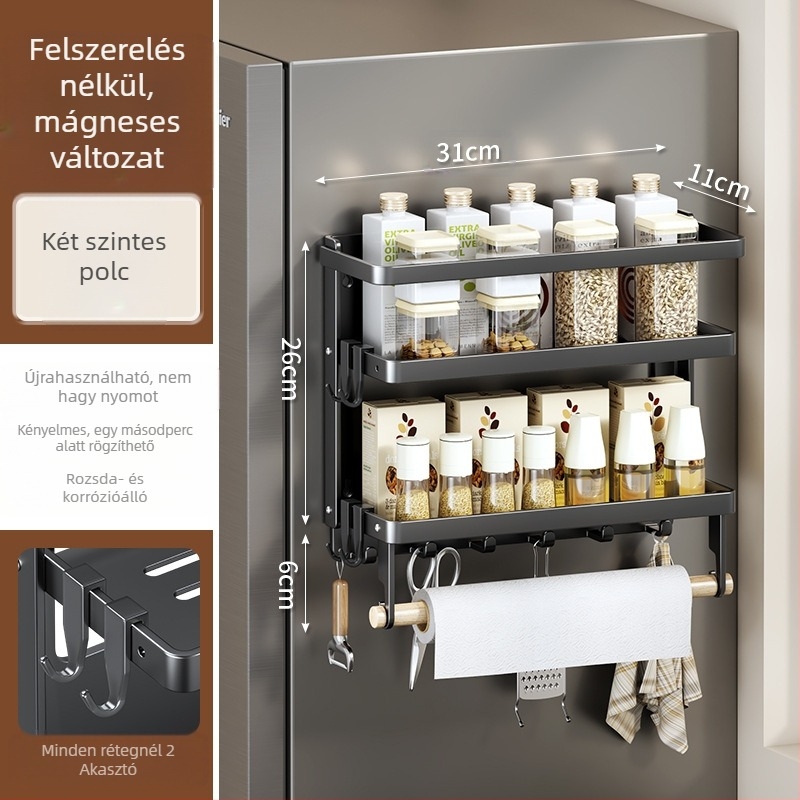 Mágneses oldalsó polc hűtőhöz — falra szerelhető, többfunkciós, szerelés nélkül, szénacélból, papírtörlő tartó, fóliatartó és fűszer tároló