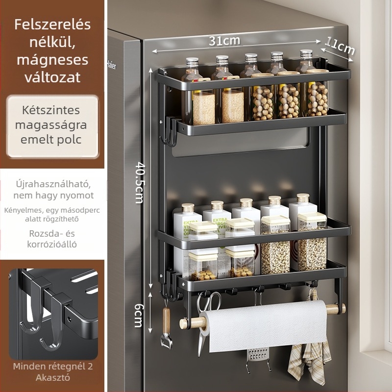 Mágneses oldalsó polc hűtőhöz — falra szerelhető, többfunkciós, szerelés nélkül, szénacélból, papírtörlő tartó, fóliatartó és fűszer tároló