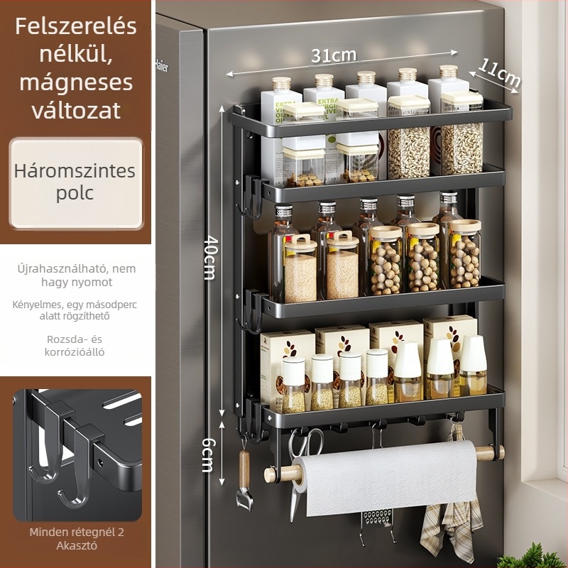 Mágneses oldalsó polc hűtőhöz — falra szerelhető, többfunkciós, szerelés nélkül, szénacélból, papírtörlő tartó, fóliatartó és fűszer tároló