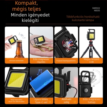 Kulcstartó lámpa – újratölthető, ultra‑fényes kültéri, többfunkciós mini kempinglámpa; COB LED, 3.7V, 10W, nyomógombos kapcsoló