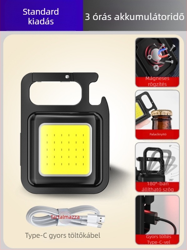 Kulcstartó lámpa – újratölthető, ultra‑fényes kültéri, többfunkciós mini kempinglámpa; COB LED, 3.7V, 10W, nyomógombos kapcsoló