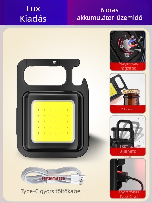 Kulcstartó lámpa – újratölthető, ultra‑fényes kültéri, többfunkciós mini kempinglámpa; COB LED, 3.7V, 10W, nyomógombos kapcsoló