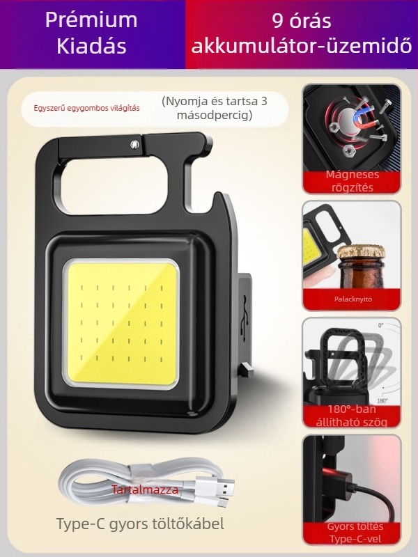 Kulcstartó lámpa – újratölthető, ultra‑fényes kültéri, többfunkciós mini kempinglámpa; COB LED, 3.7V, 10W, nyomógombos kapcsoló