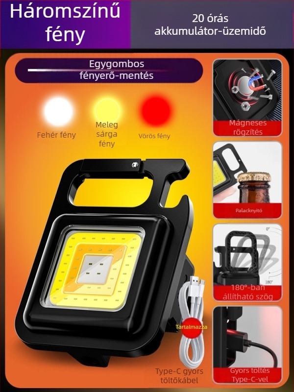 Kulcstartó lámpa – újratölthető, ultra‑fényes kültéri, többfunkciós mini kempinglámpa; COB LED, 3.7V, 10W, nyomógombos kapcsoló