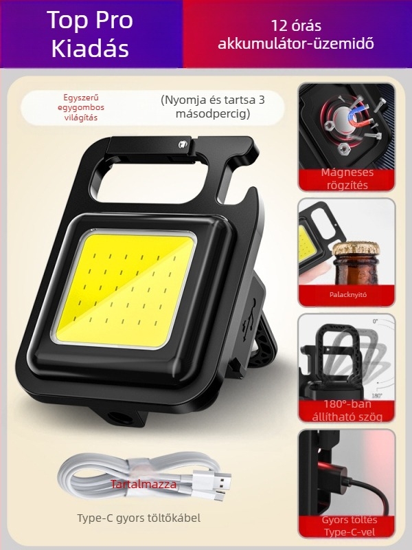 Kulcstartó lámpa – újratölthető, ultra‑fényes kültéri, többfunkciós mini kempinglámpa; COB LED, 3.7V, 10W, nyomógombos kapcsoló