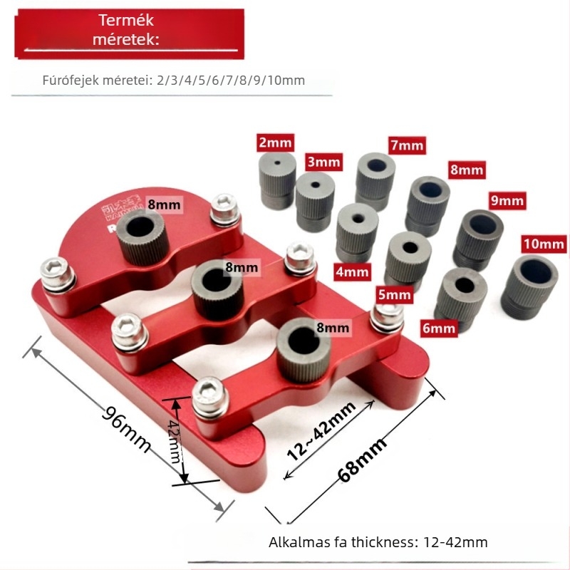 Faipari eszköz önközéppontosítással, körkörös fa‑tömb, 3-in-1 furat nyitó és 90° egyenes furat helymeghatározó DIY lapbútorokhoz