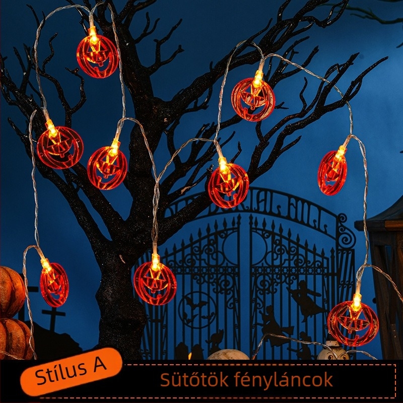 Halloween LED fényfüzér koponya, pók és tök medálokkal, 110V, 10 LED, 4000 lm, 2500K, IP43