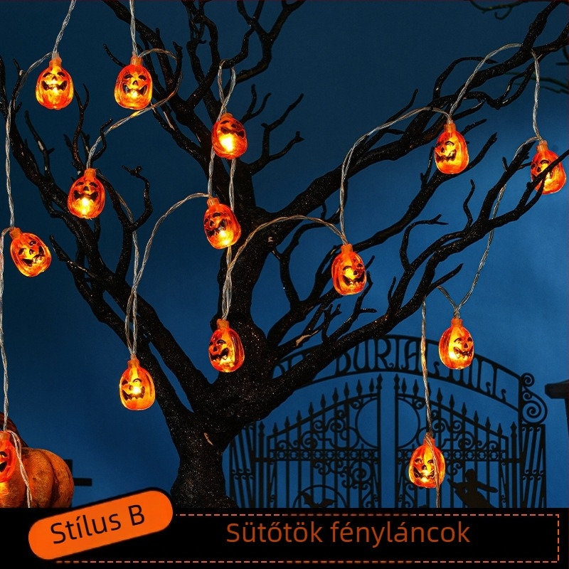 Halloween LED fényfüzér koponya, pók és tök medálokkal, 110V, 10 LED, 4000 lm, 2500K, IP43