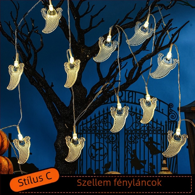 Halloween LED fényfüzér koponya, pók és tök medálokkal, 110V, 10 LED, 4000 lm, 2500K, IP43