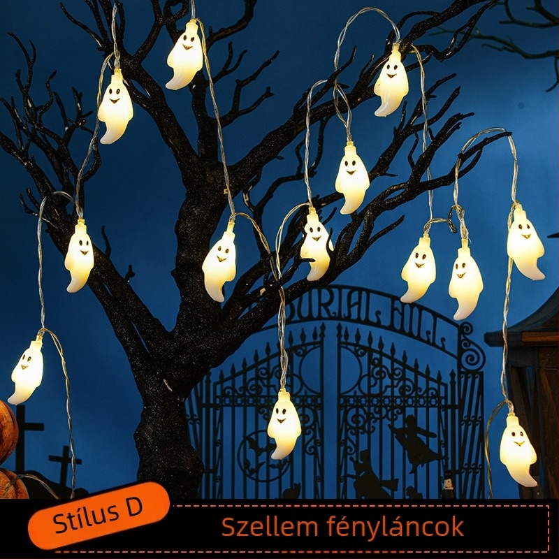 Halloween LED fényfüzér koponya, pók és tök medálokkal, 110V, 10 LED, 4000 lm, 2500K, IP43