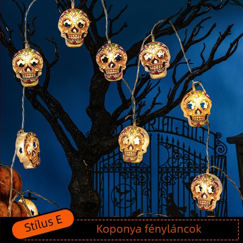 Halloween LED fényfüzér koponya, pók és tök medálokkal, 110V, 10 LED, 4000 lm, 2500K, IP43