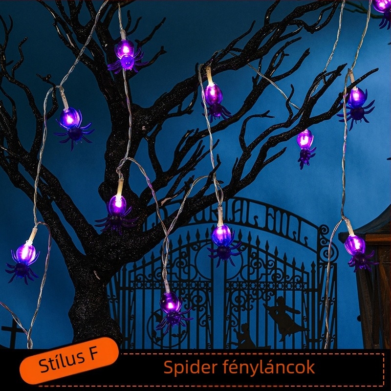 Halloween LED fényfüzér koponya, pók és tök medálokkal, 110V, 10 LED, 4000 lm, 2500K, IP43