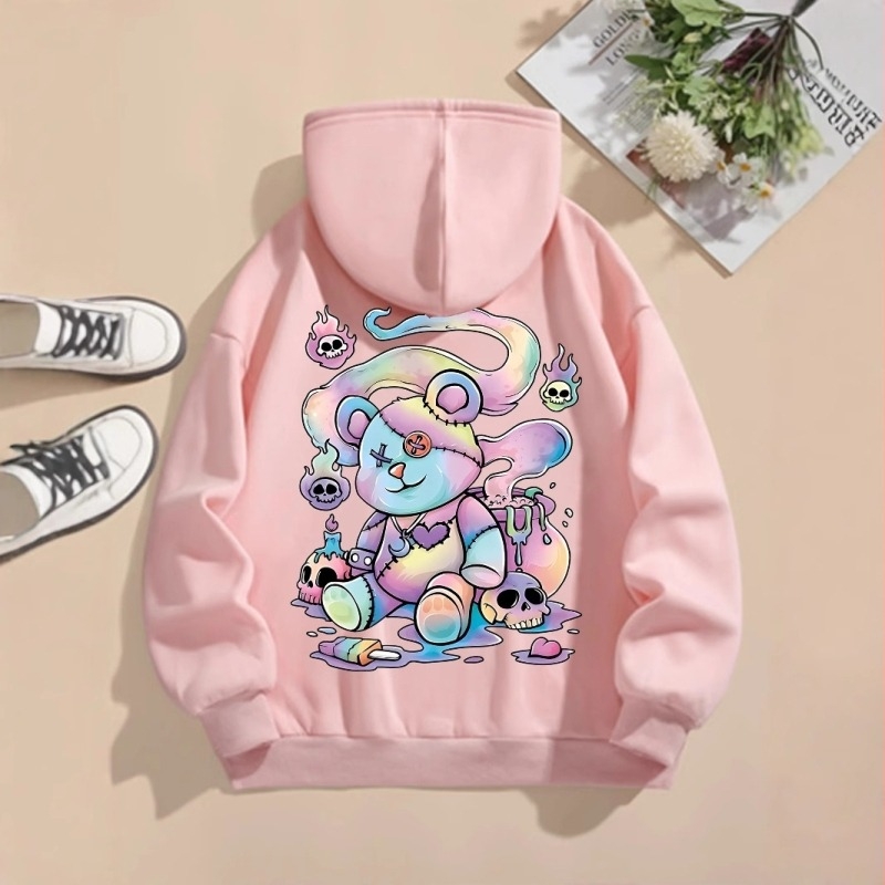 Kapucnis pulóver medvés mintás nyomtatással, Goth Harajuku stílus, laza szabású, 65% pamut, 450 g/m², cipzár, oldalzsebek, velúrhatású felület