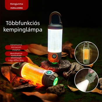 LED kemping lámpa, töltőre csatlakoztatható, hordozható akasztóval, kézi hajtás, 1200mAh, 3.7V, LED fény, hatótáv 50–100 m, üzemidő: fő fény 5 h / meleg fény 7 h