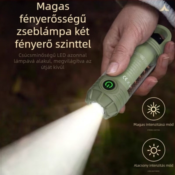 LED kemping lámpa, töltőre csatlakoztatható, hordozható akasztóval, kézi hajtás, 1200mAh, 3.7V, LED fény, hatótáv 50–100 m, üzemidő: fő fény 5 h / meleg fény 7 h