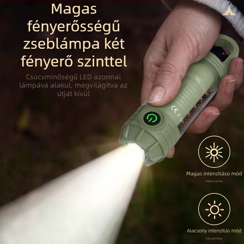 LED kemping lámpa, töltőre csatlakoztatható, hordozható akasztóval, kézi hajtás, 1200mAh, 3.7V, LED fény, hatótáv 50–100 m, üzemidő: fő fény 5 h / meleg fény 7 h