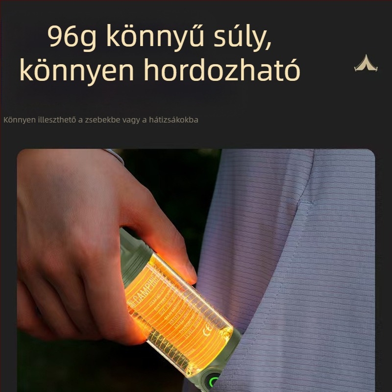 LED kemping lámpa, töltőre csatlakoztatható, hordozható akasztóval, kézi hajtás, 1200mAh, 3.7V, LED fény, hatótáv 50–100 m, üzemidő: fő fény 5 h / meleg fény 7 h