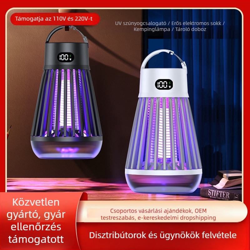 Szúnyogirtó lámpa, hordozható kültéri/beltéri elektronikus rovarirtó, modell J03, lilás fénygolyócső, 3.7V, testreszabás elérhető