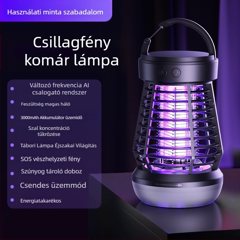 Szúnyogirtó lámpa, hordozható kültéri/beltéri elektronikus rovarirtó, modell J03, lilás fénygolyócső, 3.7V, testreszabás elérhető